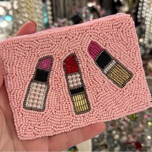 Pink Beaded Card/Coin Bag with Lipstick Design